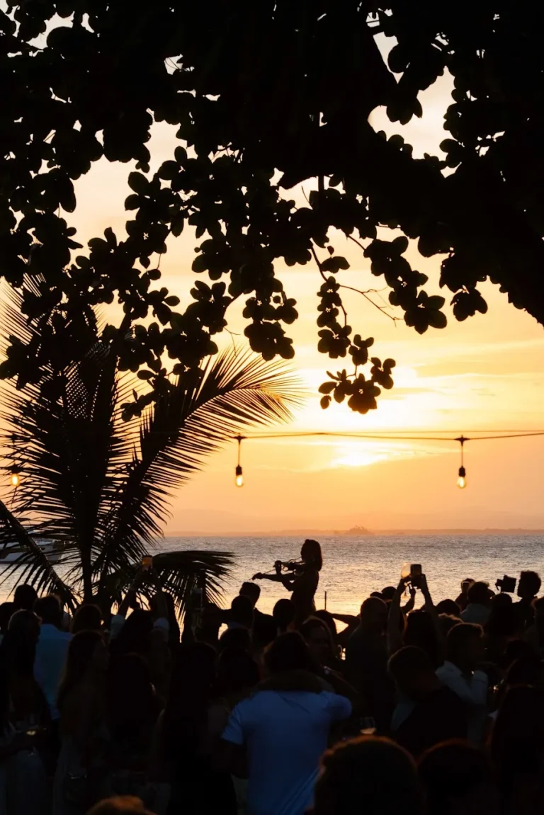 Convidados em silhueta diante do pôr do sol, com o varal de luzes