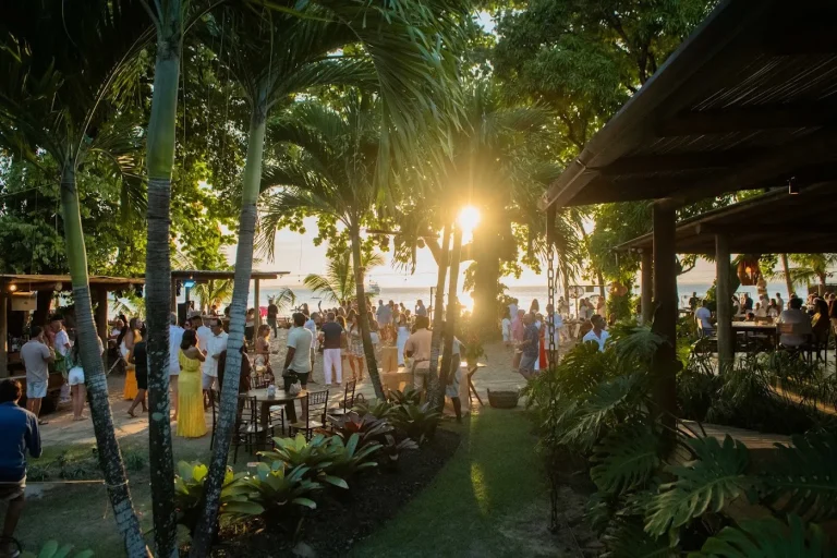 A casa cheia à tarde, com o sol atravessando as palmeiras e o mar ao fundo