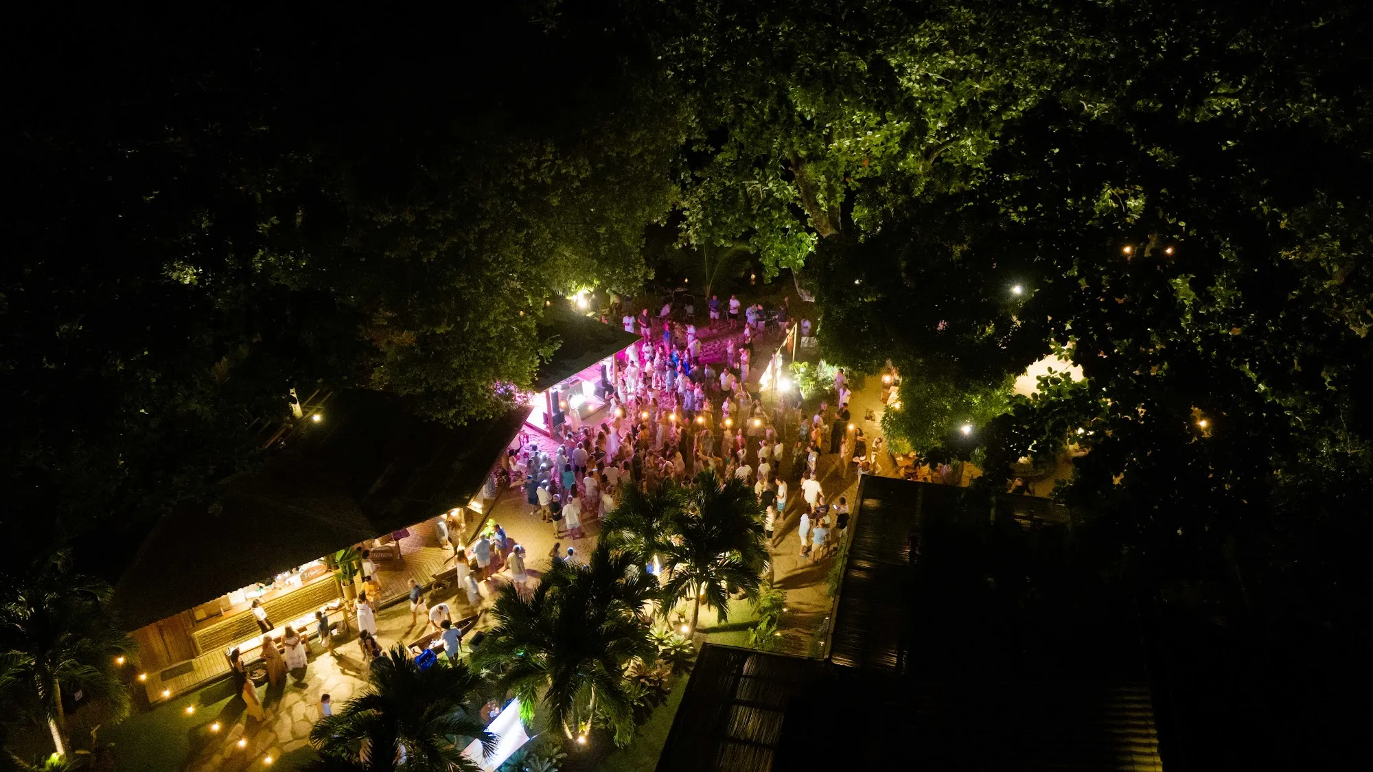 Vista aérea noturna do Obar iluminado entre as árvores durante o Wine Festival 2026